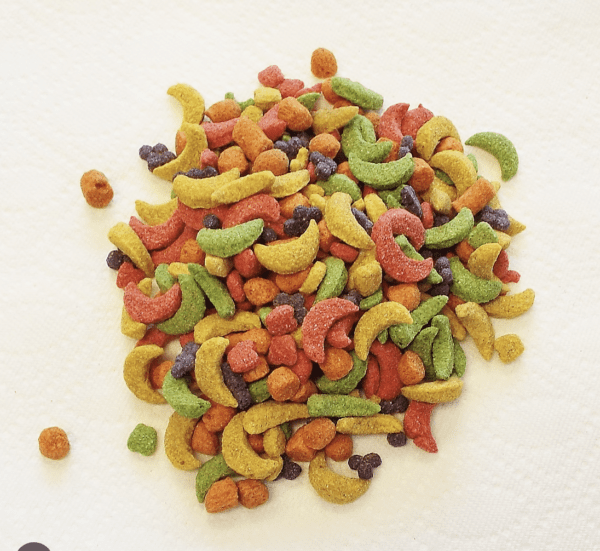 A pile of colorful bird food pellets.